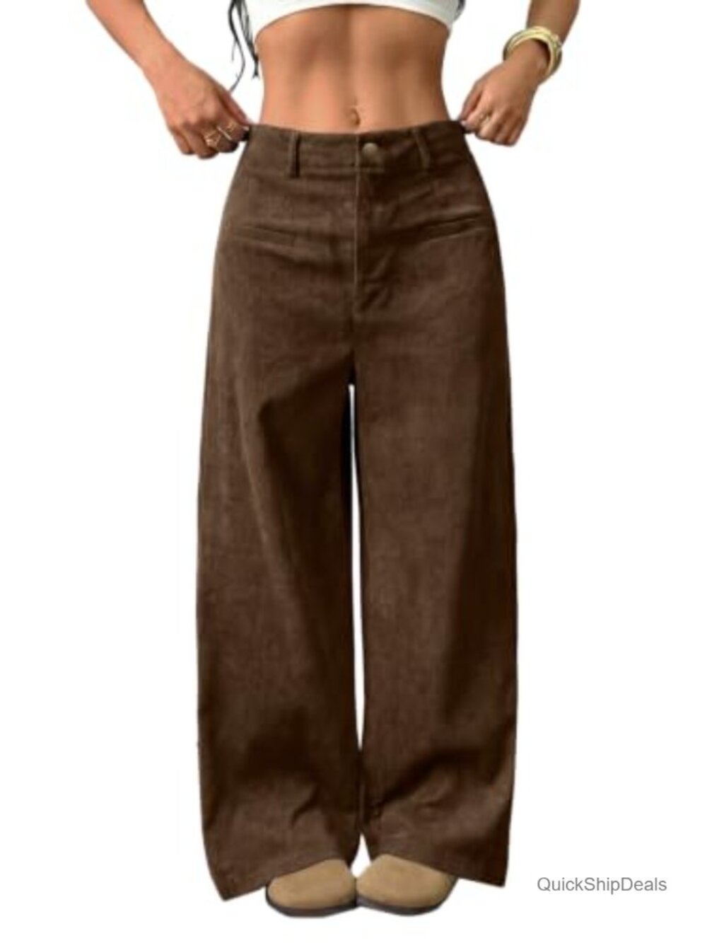 Women's High Waist Corduroy Pants Wide Leg Straight Ankle Pockets